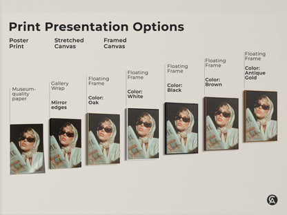 Explore print presentation options. See options for Poster Prints Stretched and Framed Canvas. Each featuring a woman in sunglasses with a newspaper. Museum-quality paper and mirror edges available.