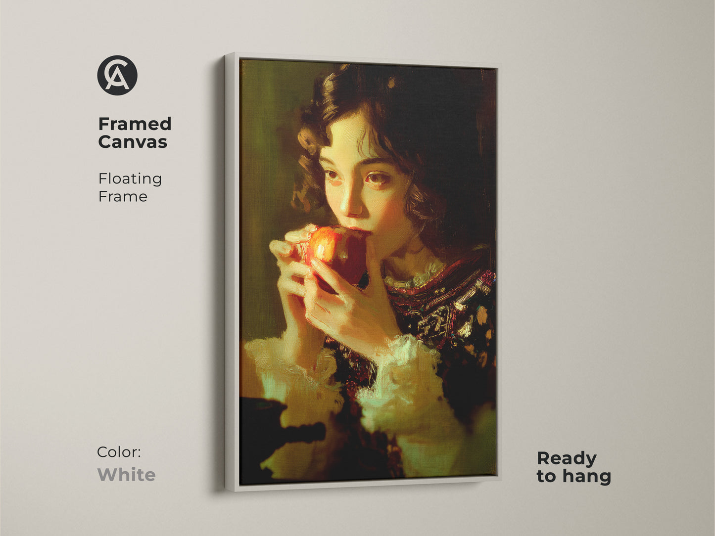 Framed canvas with a floating white frame featuring a girl eating an apple. Classical realism wall art is ready to hang. Chiaroscuro art print in a traditional style. A vintage style kitchen art piece. The realism portrait art enhances home decor as a wall hanging.