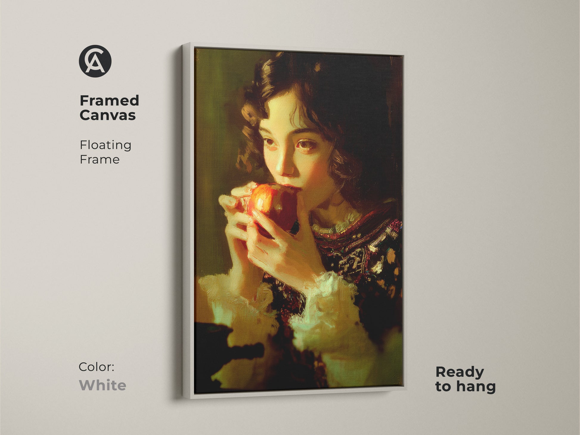 Framed canvas with a floating white frame featuring a girl eating an apple. Classical realism wall art is ready to hang. Chiaroscuro art print in a traditional style. A vintage style kitchen art piece. The realism portrait art enhances home decor as a wall hanging.