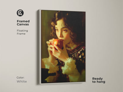 Framed canvas with a floating white frame featuring a girl eating an apple. Classical realism wall art is ready to hang. Chiaroscuro art print in a traditional style. A vintage style kitchen art piece. The realism portrait art enhances home decor as a wall hanging.