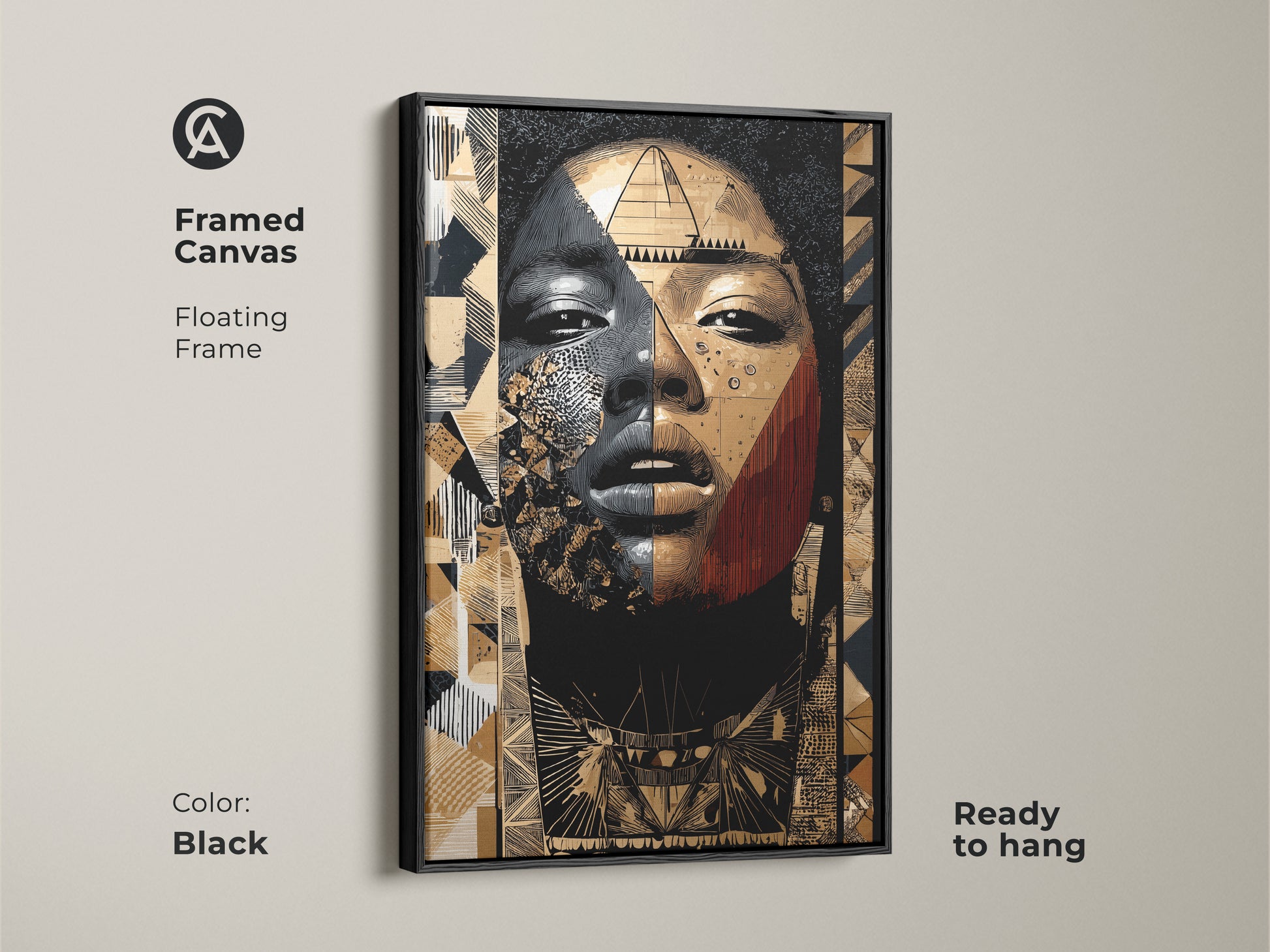 Framed canvas of an abstract woman portrait. The floating frame is black and ready to hang. Features tribal geometric artwork in gold black and tan colors. Perfect wall art for modern home decor.