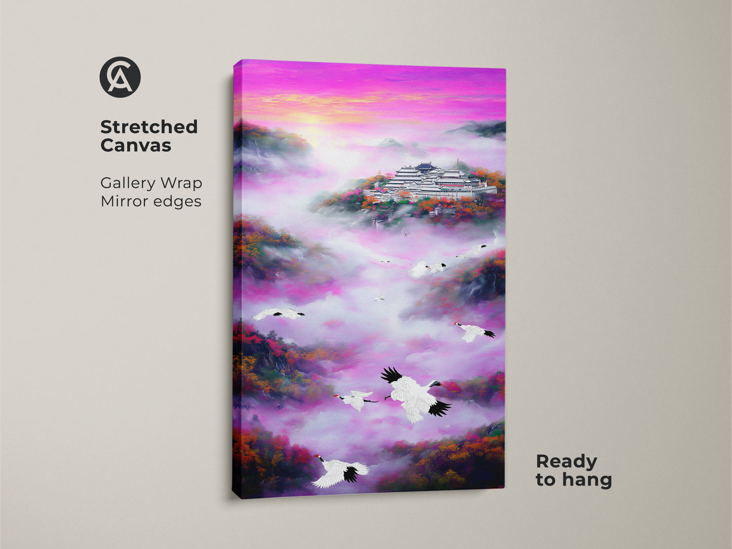 Stretched canvas of a fuchsia purple pagoda art. The cranes flying landscape adds to the serene nature scenery. A traditional Chinese painting style is showcased. Perfect spiritual bedroom decor or eclectic wall art. Adds a vibrant touch to any room with its pink mist and bird animal canvas art.