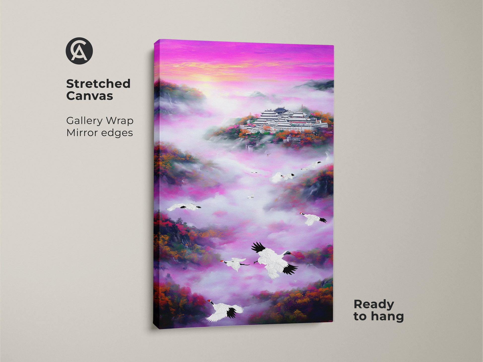 Stretched canvas of a fuchsia purple pagoda art. The cranes flying landscape adds to the serene nature scenery. A traditional Chinese painting style is showcased. Perfect spiritual bedroom decor or eclectic wall art. Adds a vibrant touch to any room with its pink mist and bird animal canvas art.