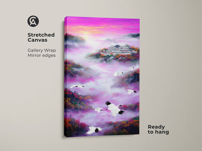 Stretched canvas of a fuchsia purple pagoda art. The cranes flying landscape adds to the serene nature scenery. A traditional Chinese painting style is showcased. Perfect spiritual bedroom decor or eclectic wall art. Adds a vibrant touch to any room with its pink mist and bird animal canvas art.