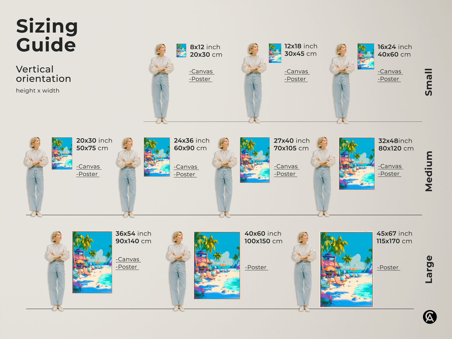 Sizing guide for vertical beach artwork. Visualize different sizes of canvas and poster prints. Find the perfect fit for your space from small to large options. Transform your room with a vibrant tropical beach scene.
