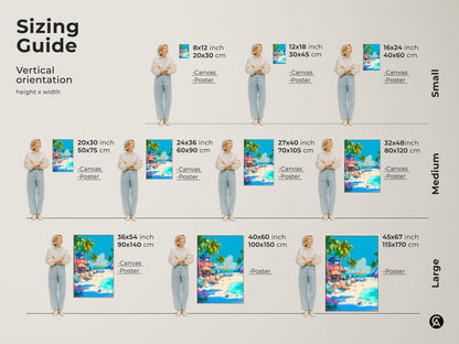 Sizing guide for vertical beach artwork. Visualize different sizes of canvas and poster prints. Find the perfect fit for your space from small to large options. Transform your room with a vibrant tropical beach scene.
