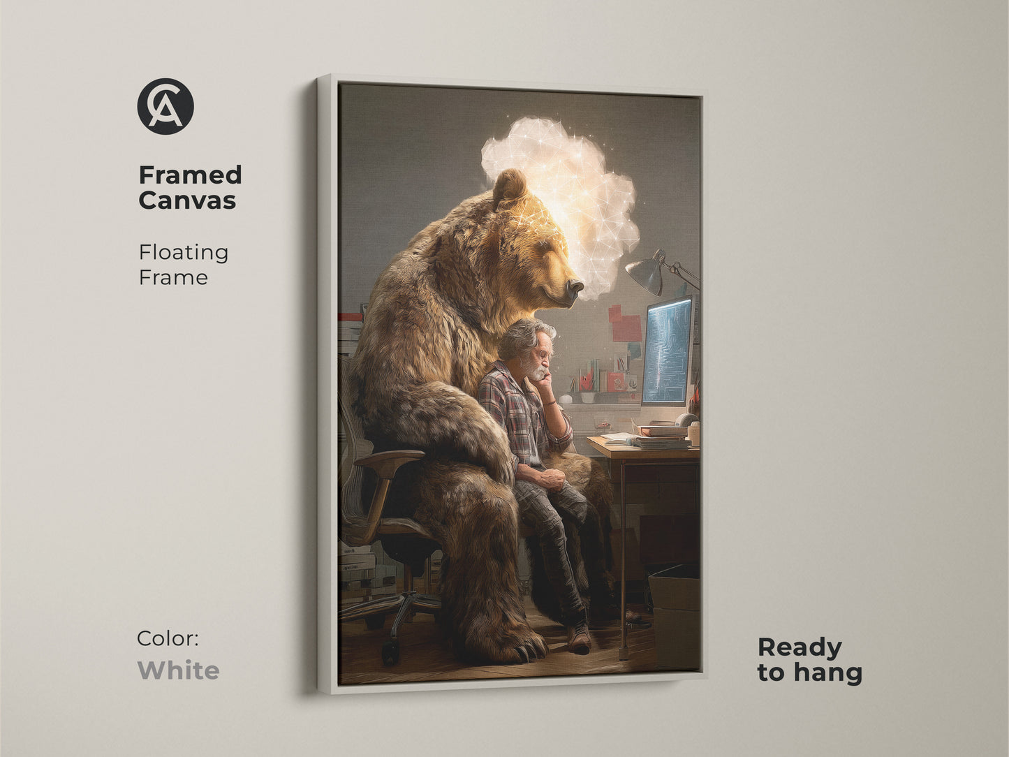 A white framed canvas shows a conceptual blend of bear and man. It is a unique tech artwork. This surreal animal art print is ready to hang. It makes a great office wall decor piece.