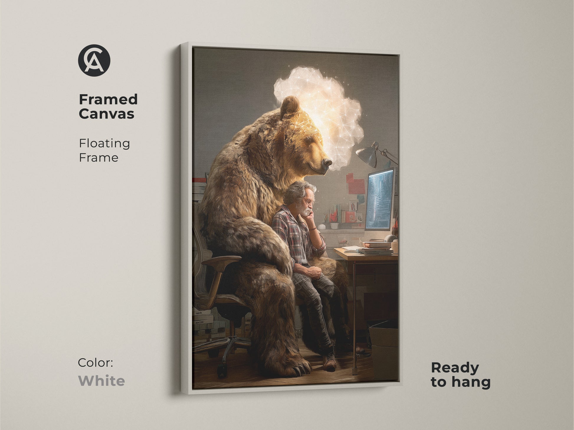 A white framed canvas shows a conceptual blend of bear and man. It is a unique tech artwork. This surreal animal art print is ready to hang. It makes a great office wall decor piece.