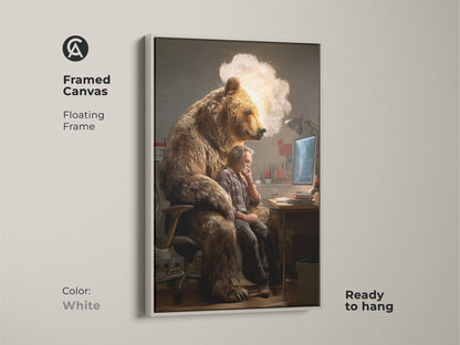 A white framed canvas shows a conceptual blend of bear and man. It is a unique tech artwork. This surreal animal art print is ready to hang. It makes a great office wall decor piece.