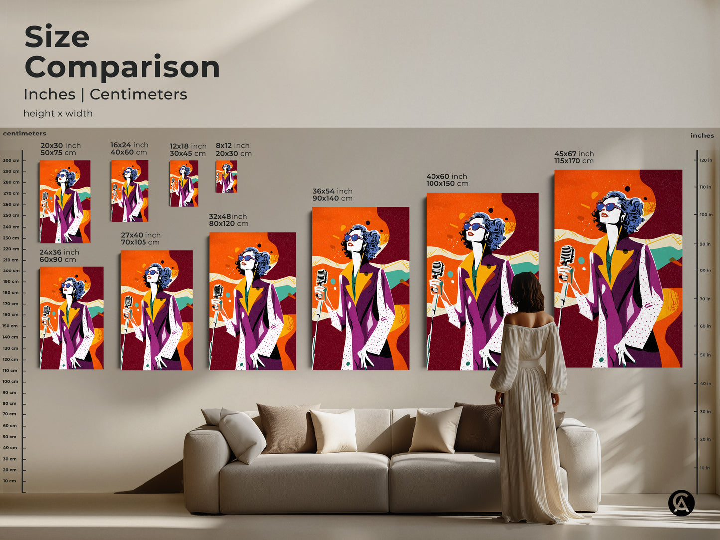 Compare sizes of retro singer pop art in inches and centimeters. Visualize the artwork in different dimensions. This eclectic music wall decor is perfect above a sofa. The purple yellow and orange tones add vibrancy to any room.