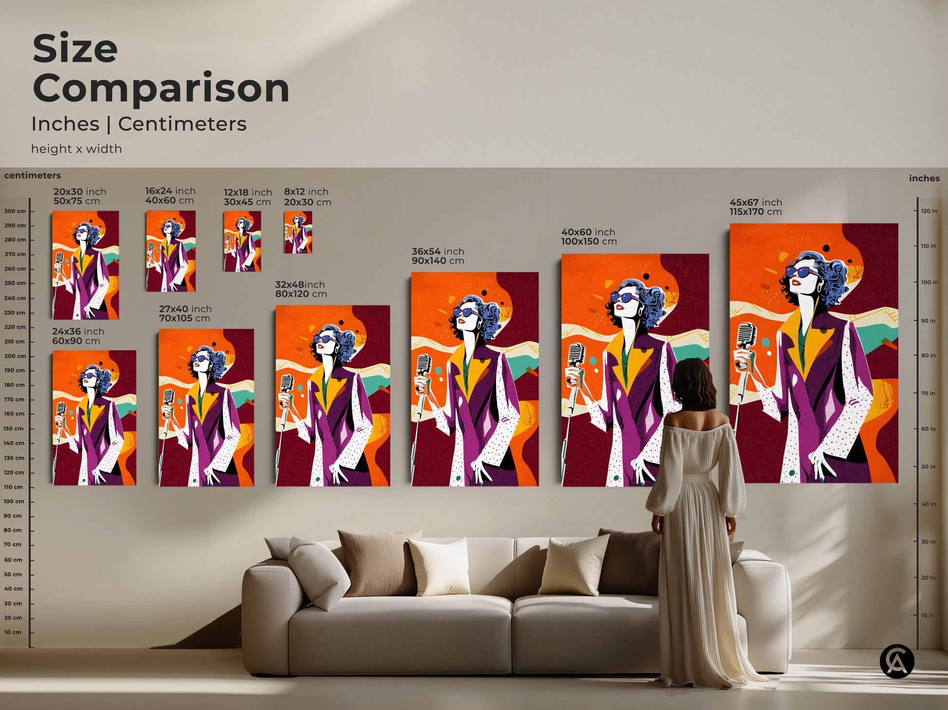 Compare sizes of retro singer pop art in inches and centimeters. Visualize the artwork in different dimensions. This eclectic music wall decor is perfect above a sofa. The purple yellow and orange tones add vibrancy to any room.