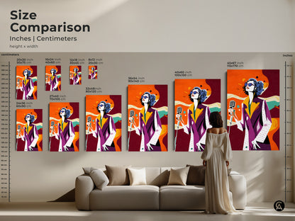 Compare sizes of retro singer pop art in inches and centimeters. Visualize the artwork in different dimensions. This eclectic music wall decor is perfect above a sofa. The purple yellow and orange tones add vibrancy to any room.