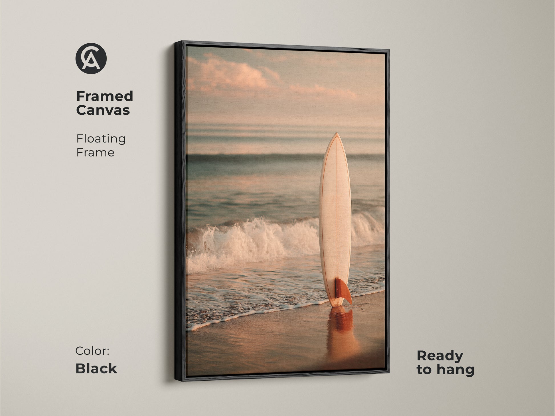 Black framed canvas art showing a surfboard on the beach. The floating frame enhances the artwork. It is ready to hang. This piece brings a touch of coastal charm to your home. Perfect for ocean lovers.