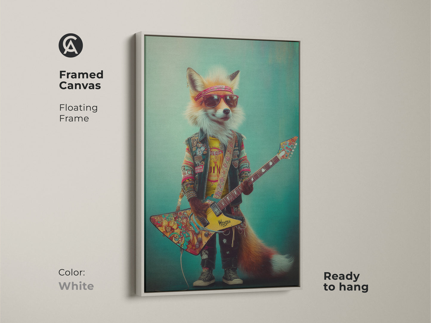 White framed canvas art featuring a fox shredding a guitar. The bright frame makes the colors pop in the artwork. A perfect blend of retro and vibrant animal art. Ideal for adding personality to any room and ready to hang.