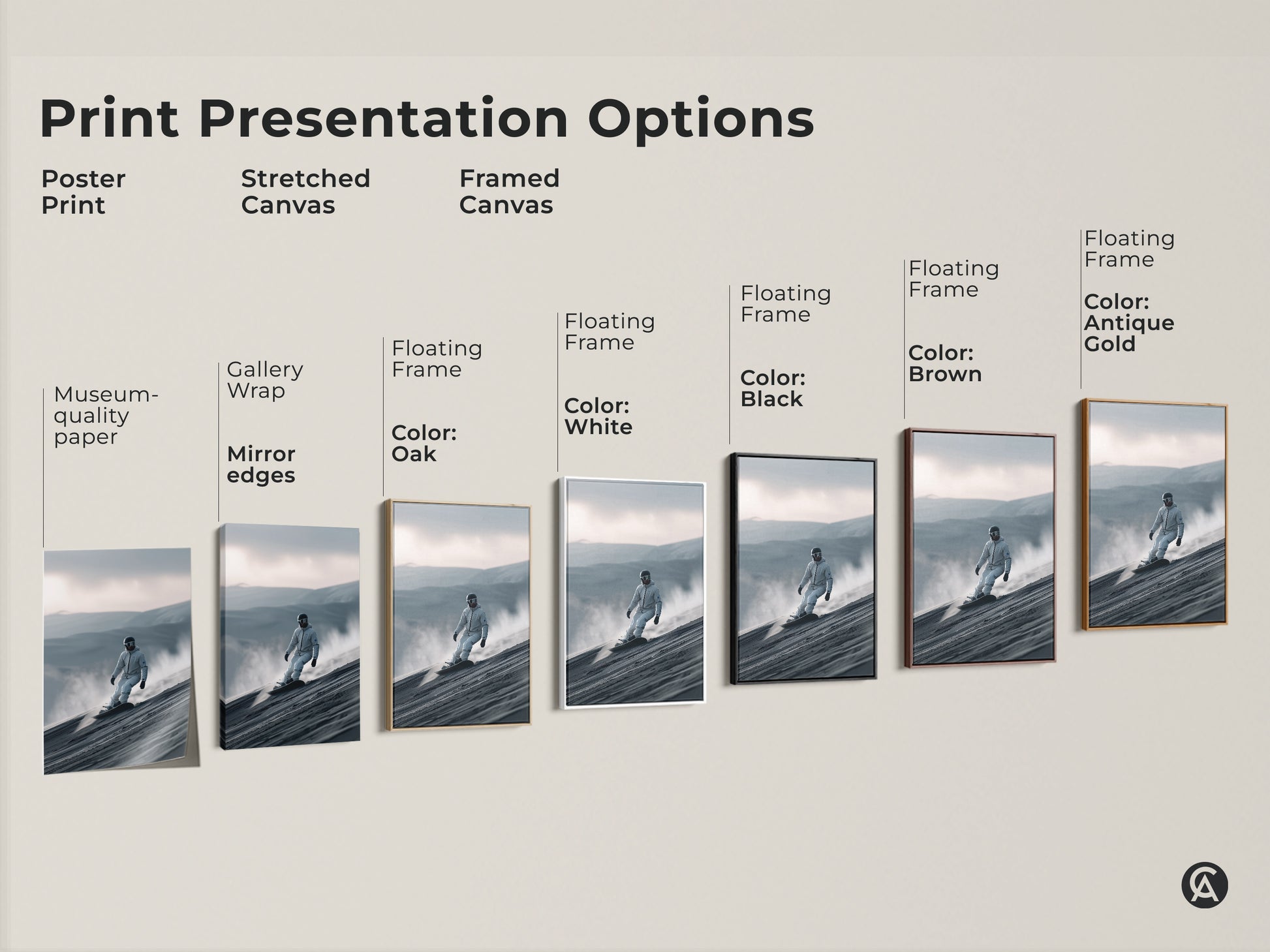 Explore print presentation options with this snowboarder art. Choose from poster prints stretched canvas or framed canvas. Each option highlights a snowboarder riding a sand dune. Find the perfect style for your space. Museum-quality paper and mirrored edges available.