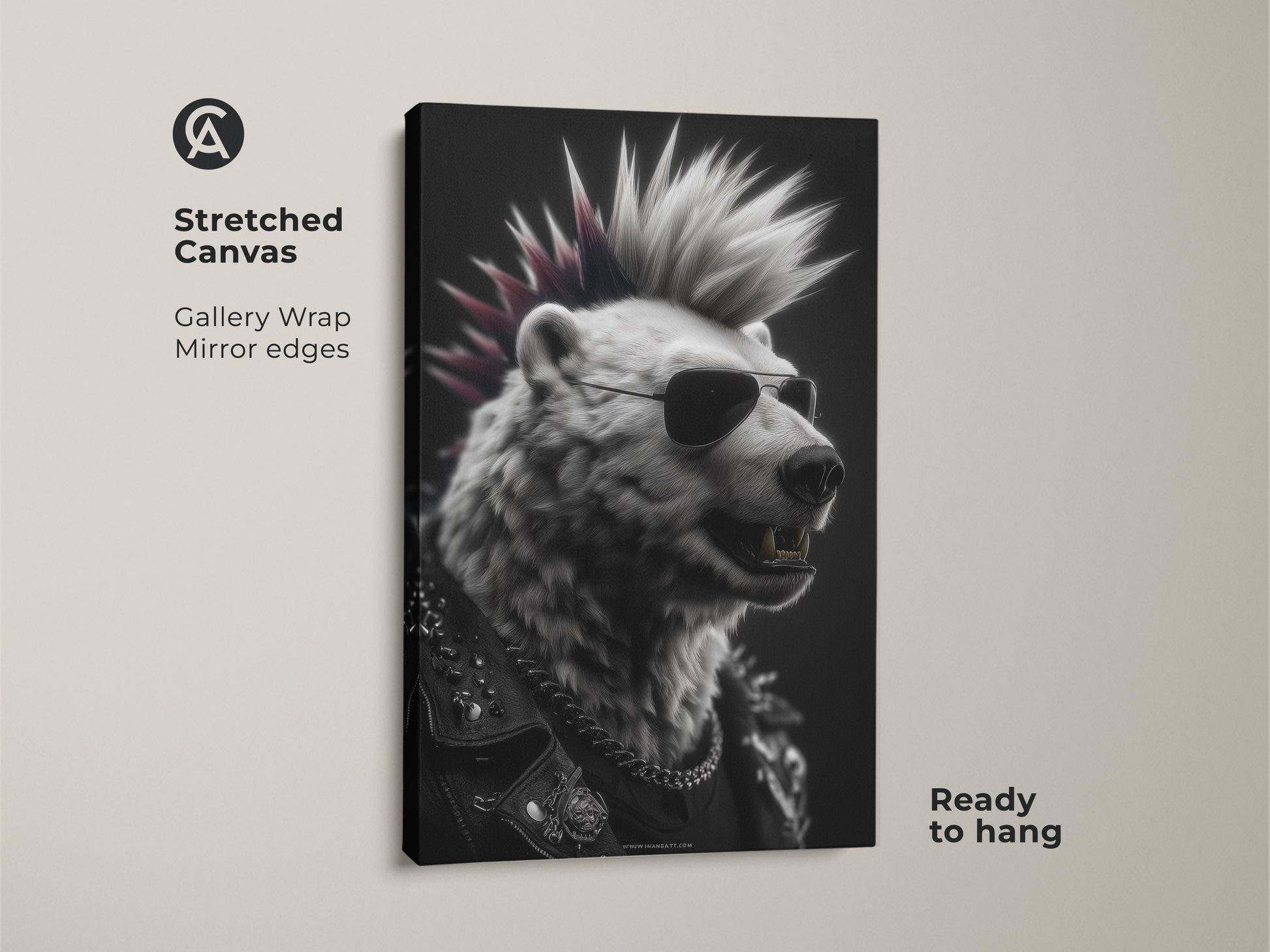 Stretched canvas art displays a punk rock bear. This gallery wrapped canvas features mirrored edges. It's ready to hang showcasing a bear with a mohawk and sunglasses. The black and white tones create an edgy aesthetic. Ideal for music lovers seeking unique wall art. This is perfect for adding rebellious charm to any room.
