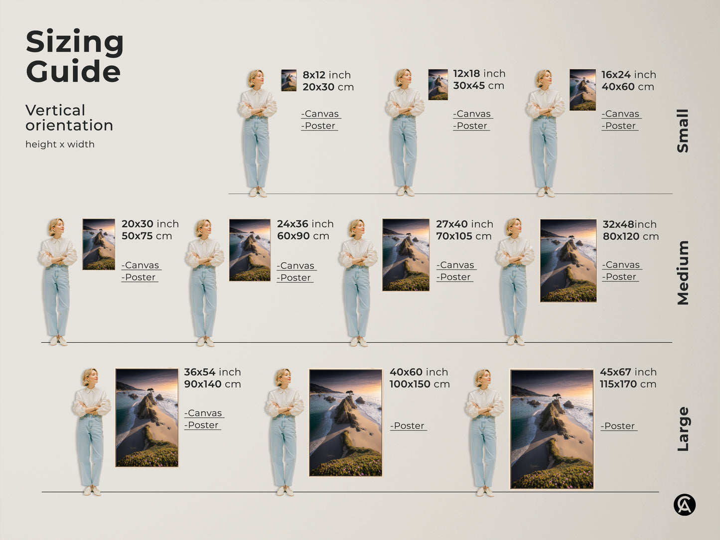 Sizing guide for vertical coastal landscape canvas and poster prints. Visualize different sizes with model comparisons. Available in small medium and large formats. Find the perfect fit for your ocean sunset wall art. Enhance your space with scenic nature prints.