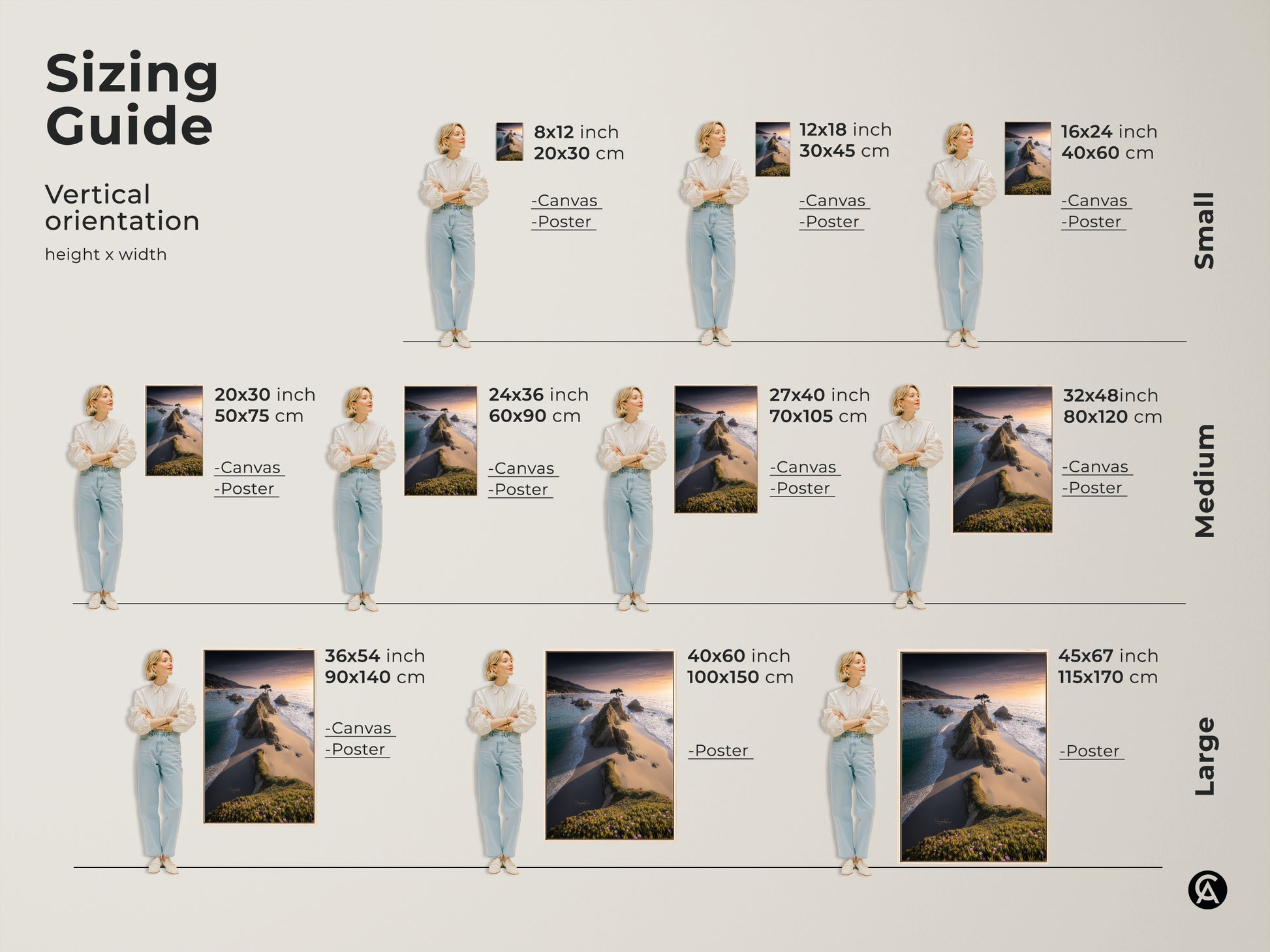 Sizing guide for vertical coastal landscape canvas and poster prints. Visualize different sizes with model comparisons. Available in small medium and large formats. Find the perfect fit for your ocean sunset wall art. Enhance your space with scenic nature prints.