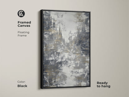 Framed in black this charcoal gold wall art is ready to hang. The textured abstract print adds sophistication. Elevate your office decor with contemporary artwork. The gothic architecture art is a refined wall art piece. This abstract city view is perfect for any space.