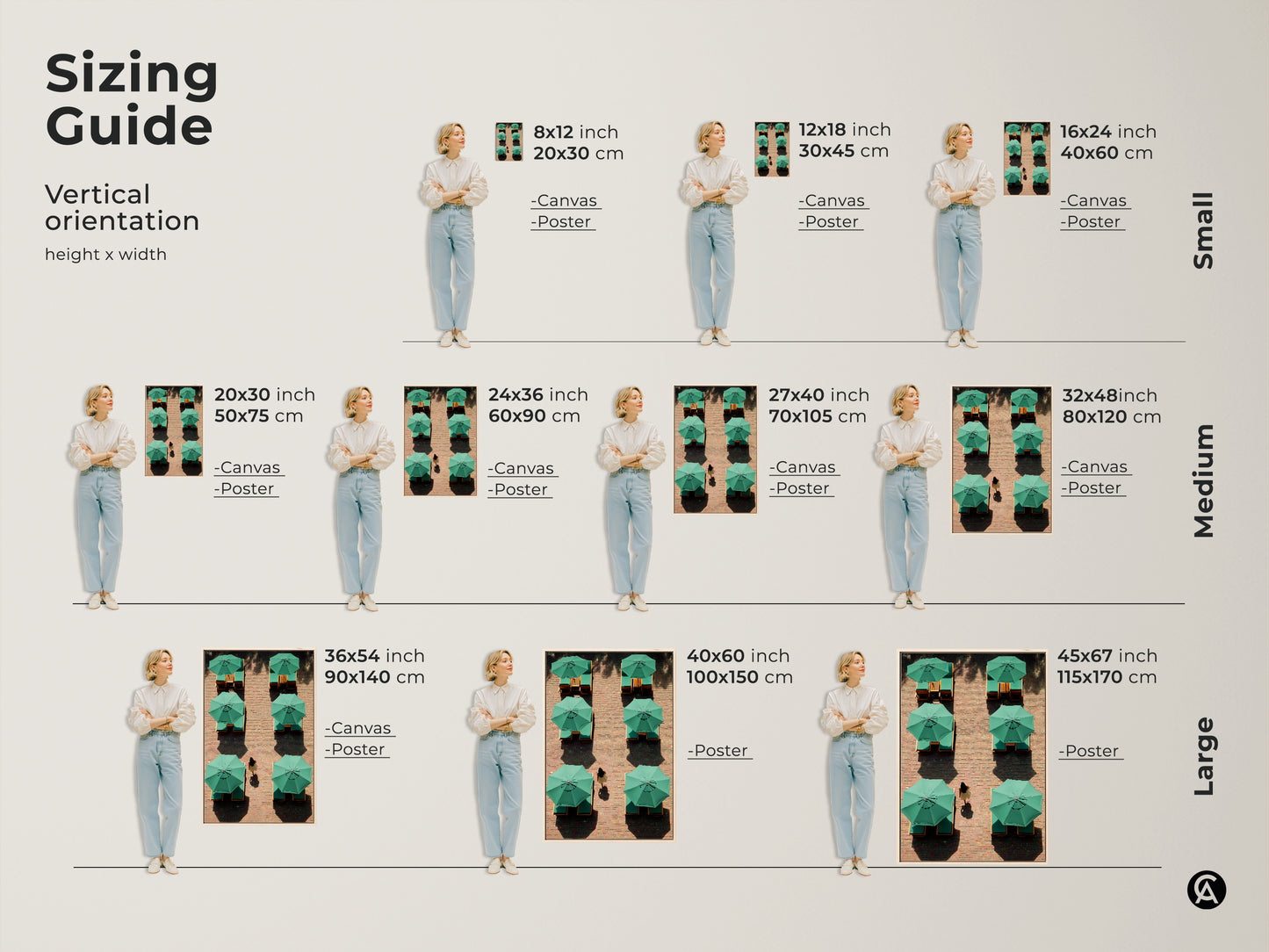 See the vertical sizing guide for minimalist travel artwork. Visualize canvas and poster sizes to find the perfect fit for your space. Choose the ideal contemporary art to enhance your home decor.