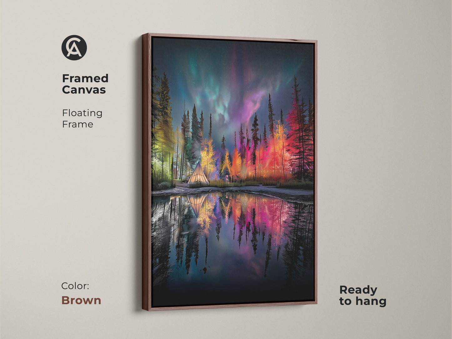 Framed Canvas showcasing an Aurora Borealis over a forest campsite with a tent. The brown floating frame complements the teal green and purple landscape decor. This ready to hang northern lights forest print brings nature's beauty to your bedroom. A perfect nature lover housewarming present.