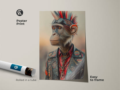 Punk chimpanzee poster print rolled in a tube. Easy to frame rock and roll ape art for eclectic home decor. A leather jacket monkey design brings an edgy touch. It is a unique animal print and music lover gift idea. Alternative style wall art for any space