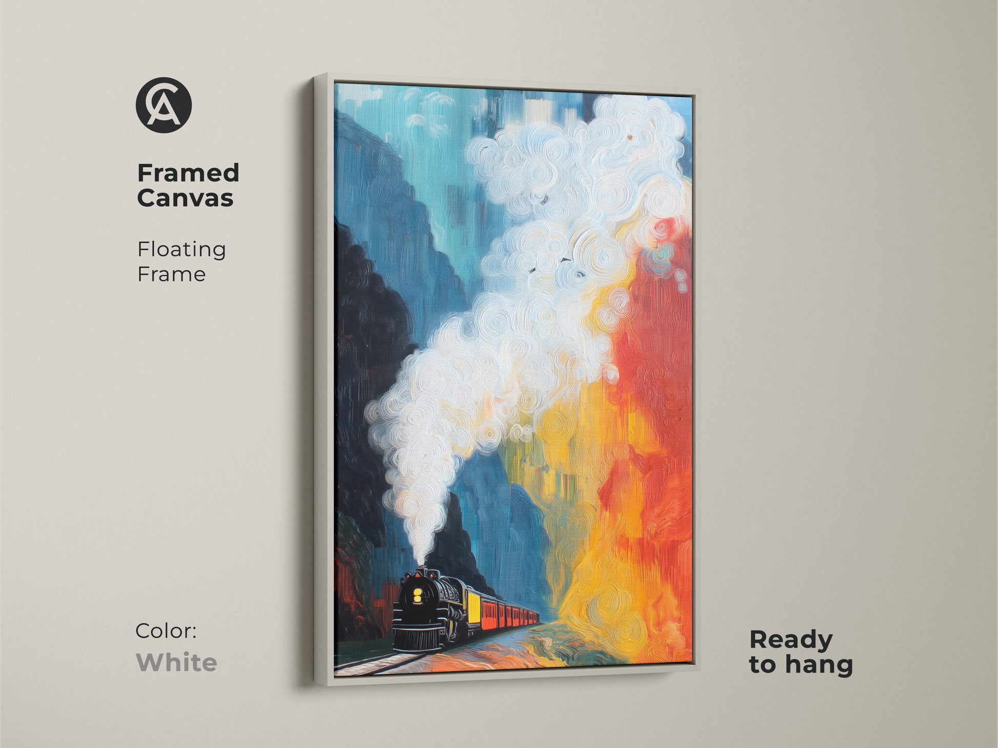 Framed canvas art showcasing a steam train in an abstract mountain landscape. The white floating frame highlights the teal red yellow artwork. Ready to hang this unique wall decor is ideal for train enthusiasts.