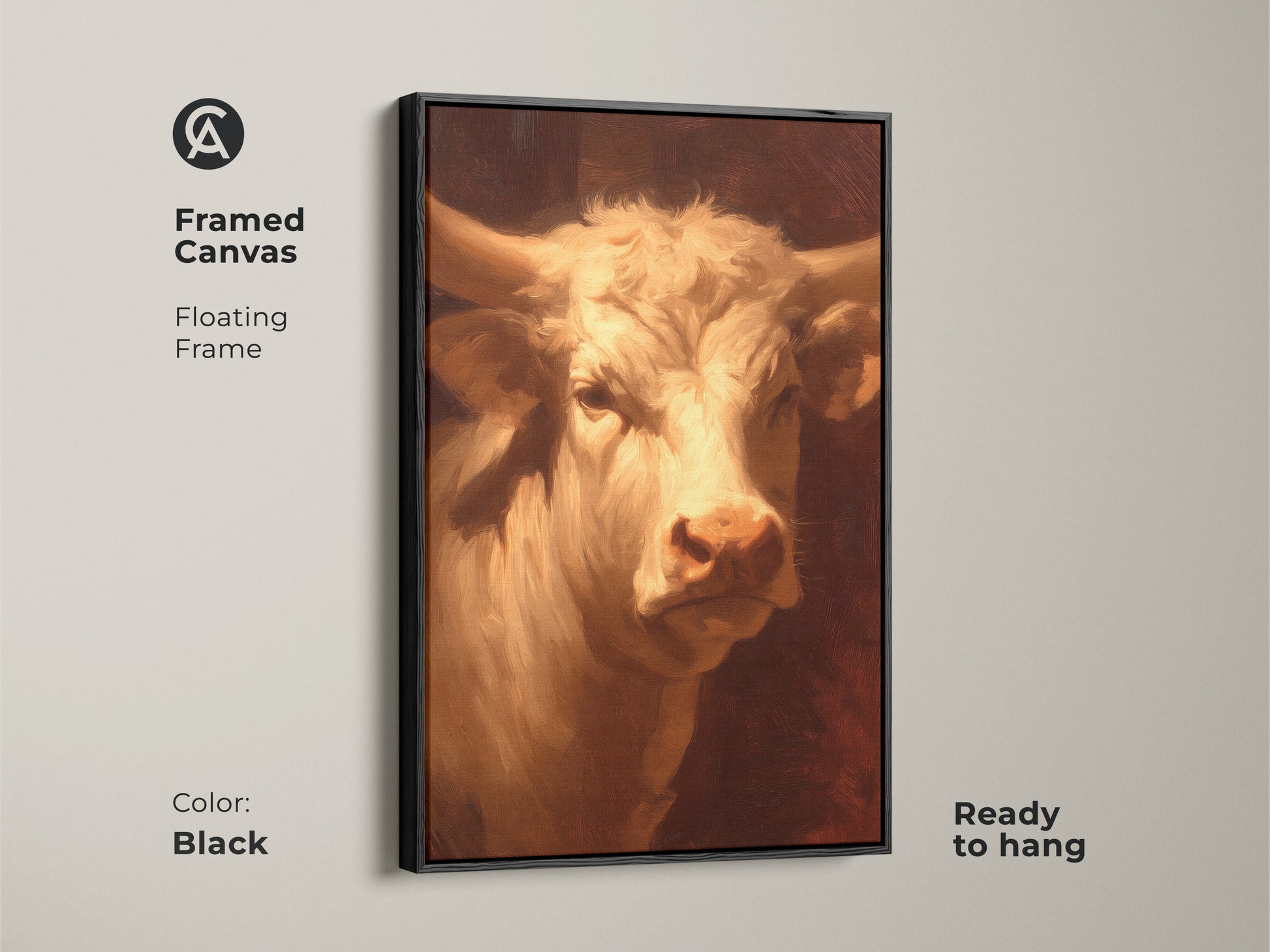 A framed canvas featuring a stunning bull. The artwork has a floating black frame and is ready to hang. The canvas will elevate your home decor. This unique artwork is perfect for any room. Buy it now!