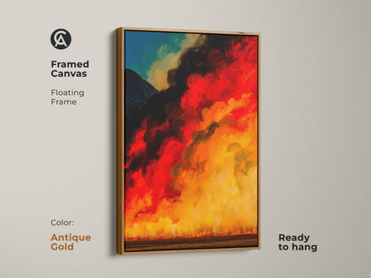 Framed canvas in a white floating frame shows abstract mountain fire artwork. Fiery red golden yellow and black give a modern look. The piece is ready to hang. Great as eclectic home decor or a unique firefighter gift. This artwork will brighten any office.