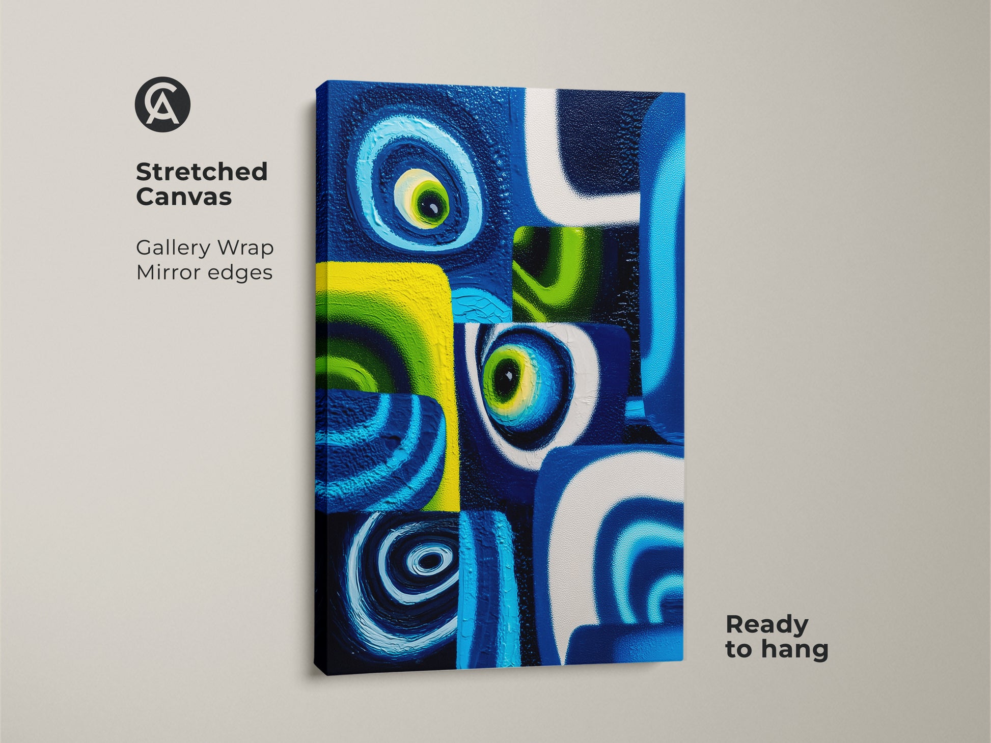 Close up of a Stretched Canvas featuring abstract swirls wall art. The deep blue and green art highlights a contemporary geometric print ideal for a modern office. This abstract circle artwork is ready to hang making it a vibrant and unique home decor piece.