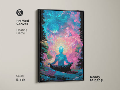 Framed canvas featuring a meditating figure with a cosmic galaxy background. Floating frame in black adds elegance. Ready to hang for instant display. This spiritual artwork enhances any room's ambiance. Ideal for meditation spaces or living rooms. Add a touch of zen to your home.