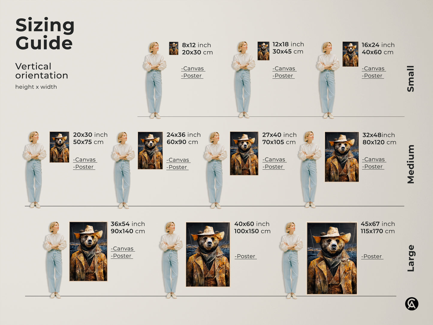 Sizing guide for the golden yellow bear cowboy art. Available in various vertical orientations heights and widths. Find the perfect earthy tones landscape canvas or poster to suit your needs. Add this rustic animal art to your space.