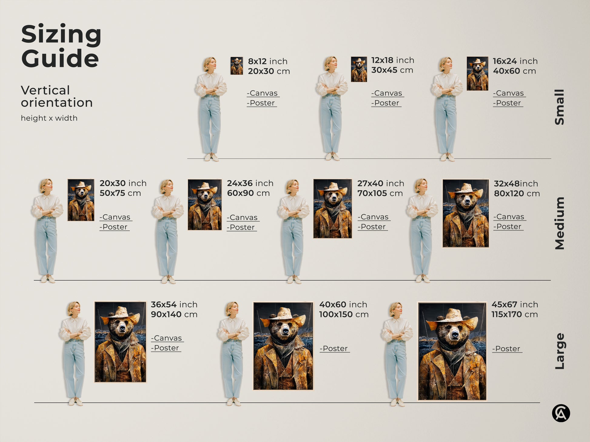 Sizing guide for the golden yellow bear cowboy art. Available in various vertical orientations heights and widths. Find the perfect earthy tones landscape canvas or poster to suit your needs. Add this rustic animal art to your space.