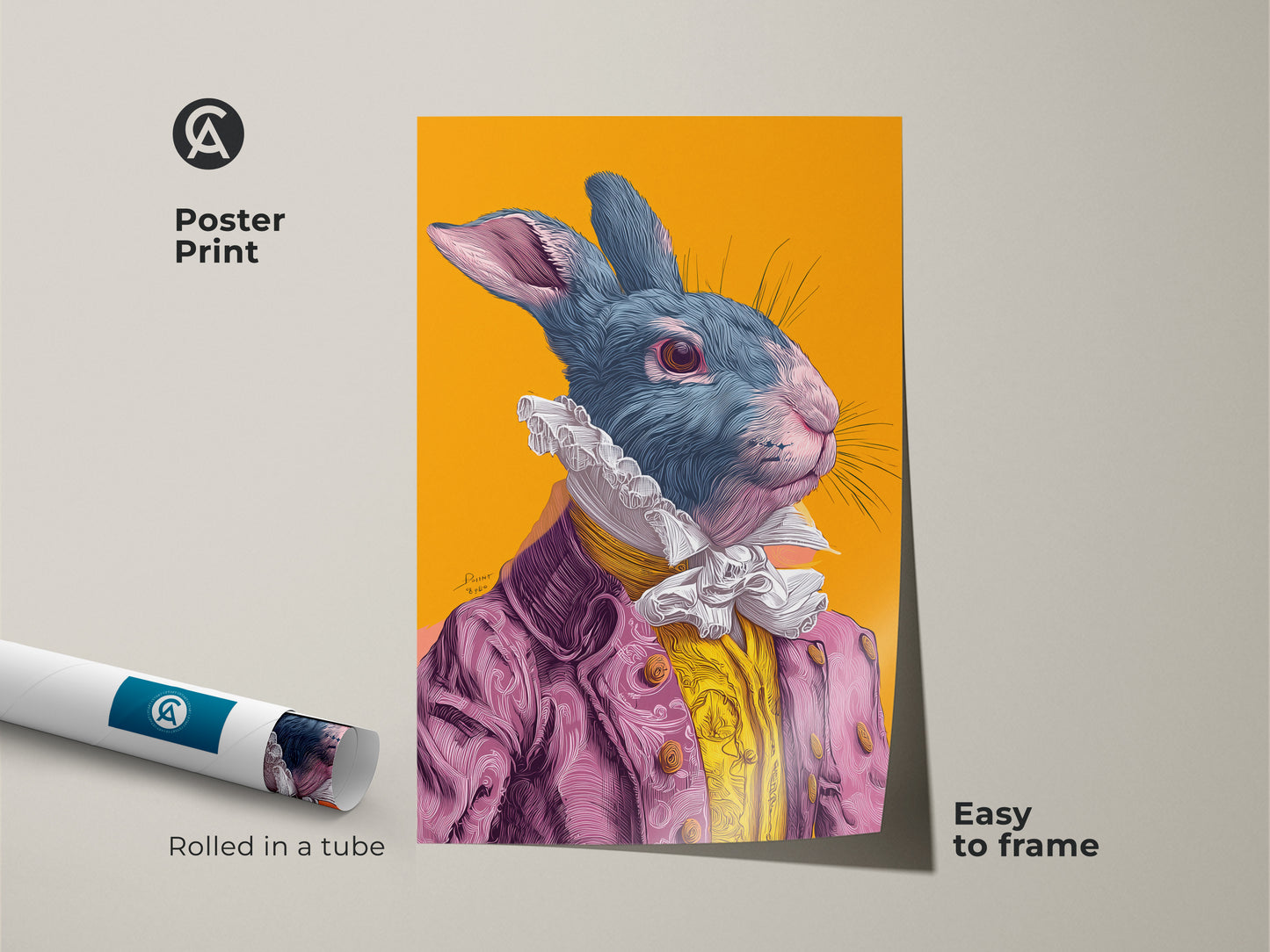 Poster print of a rabbit artwork. The artwork features a rabbit wearing a pink suit. It is rolled in a tube and easy to frame. Museum-quality paper. This rabbit artwork is a great gift.