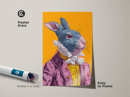 Poster print of a rabbit artwork. The artwork features a rabbit wearing a pink suit. It is rolled in a tube and easy to frame. Museum-quality paper. This rabbit artwork is a great gift.