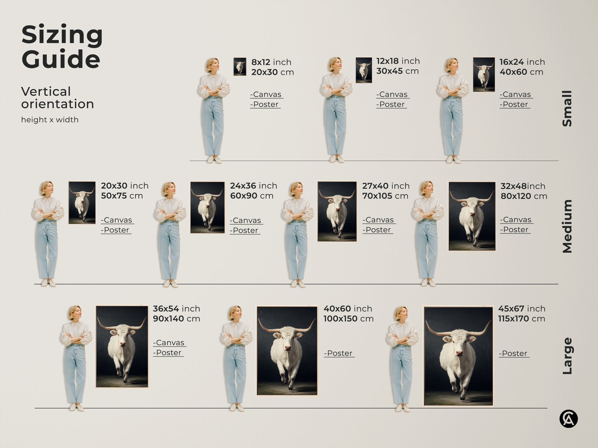 Sizing guide showcasing the vertical orientation of the realistic bull wall decor. Find small medium and large sizes. The farmhouse cattle print is available as canvas or poster. It fits many spaces.