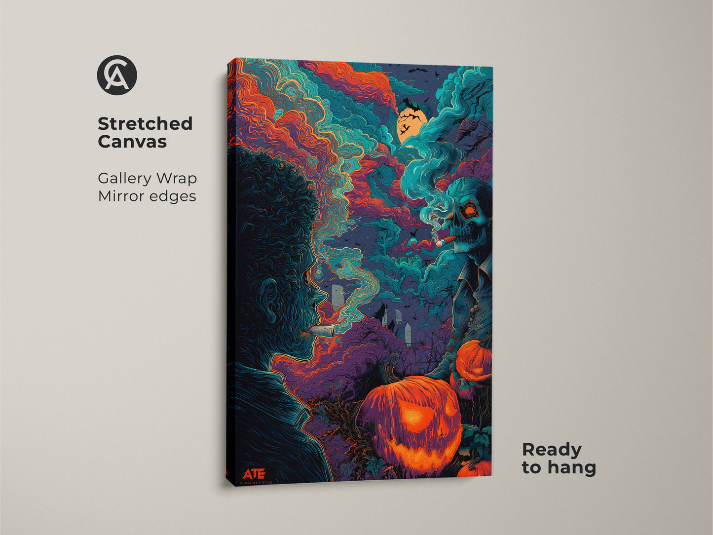 Stretched canvas gallery wrap of a Halloween themed art piece. The artwork shows a man exhaling smoke. A skeleton with a cigar and jack-o-lanterns are also displayed. This canvas is ready to hang with mirror edges.