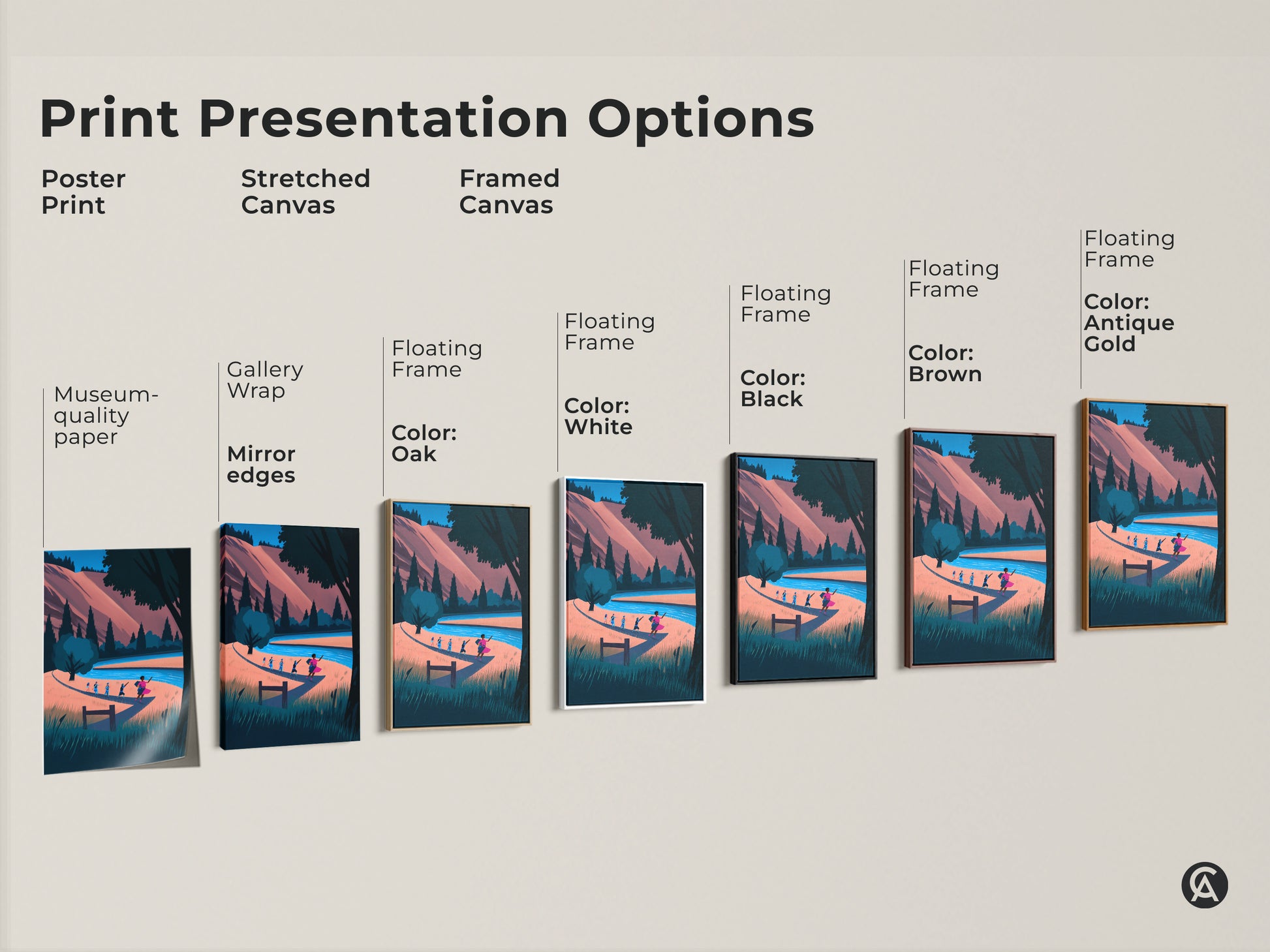 Print Presentation Options for the Boho Nature Artwork. Poster Print stretched canvas and framed canvas are available. Black brown oak antique gold and white floating frames. River landscape canvas art with a coral blue teal color palette.