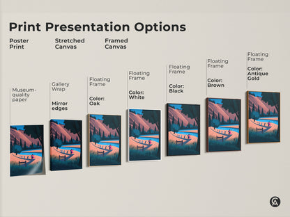 Print Presentation Options for the Boho Nature Artwork. Poster Print stretched canvas and framed canvas are available. Black brown oak antique gold and white floating frames. River landscape canvas art with a coral blue teal color palette.