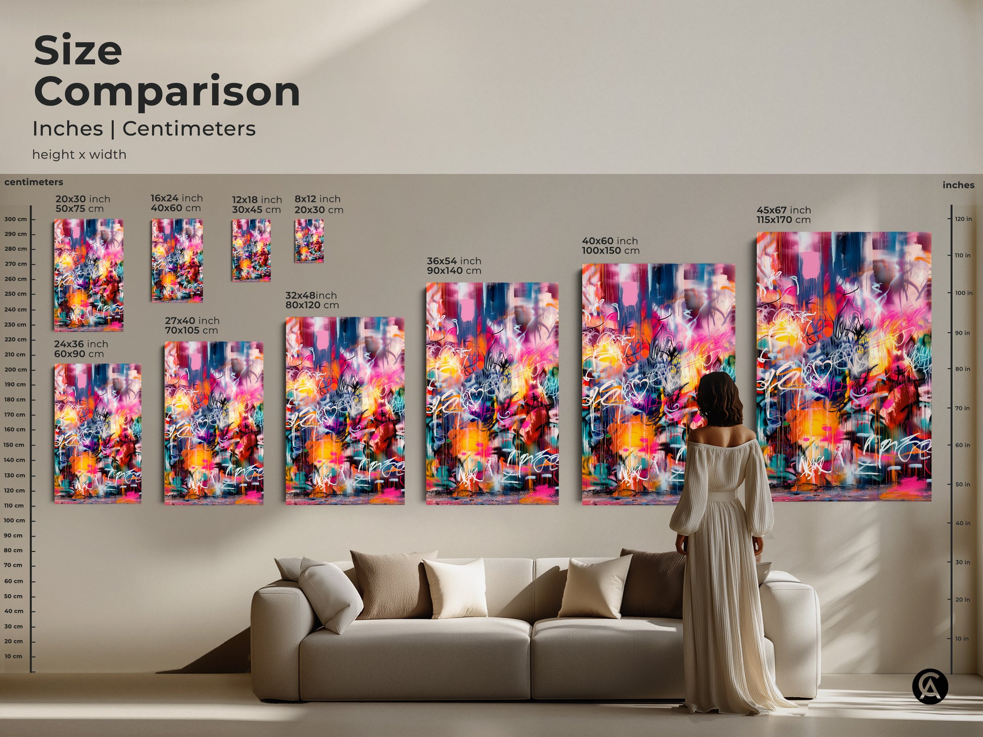 Size comparison of graffiti-style artwork in inches and centimeters. Visualize how different sizes fit with your furniture. Choose from various dimensions to create the perfect art display in your living room. Explore options to enhance your home decor.