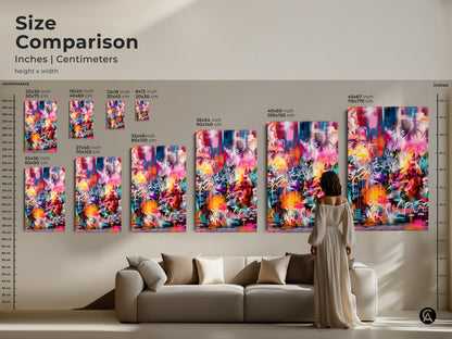 Size comparison of graffiti-style artwork in inches and centimeters. Visualize how different sizes fit with your furniture. Choose from various dimensions to create the perfect art display in your living room. Explore options to enhance your home decor.