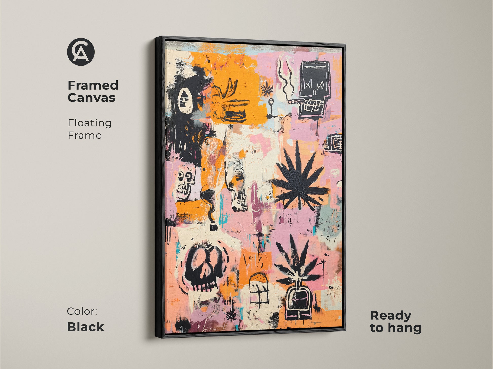 Framed canvas of abstract skull and cannabis artwork. The floating frame is black. The painting has a mix of orange and pink hues. It is ready to hang. This contemporary piece adds a bold touch to any room.