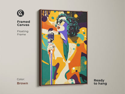 Framed canvas art of a retro pop art singer in a brown floating frame. This ready-to-hang artwork features vibrant colors. The singer with a microphone adds an eclectic touch to your home decor.