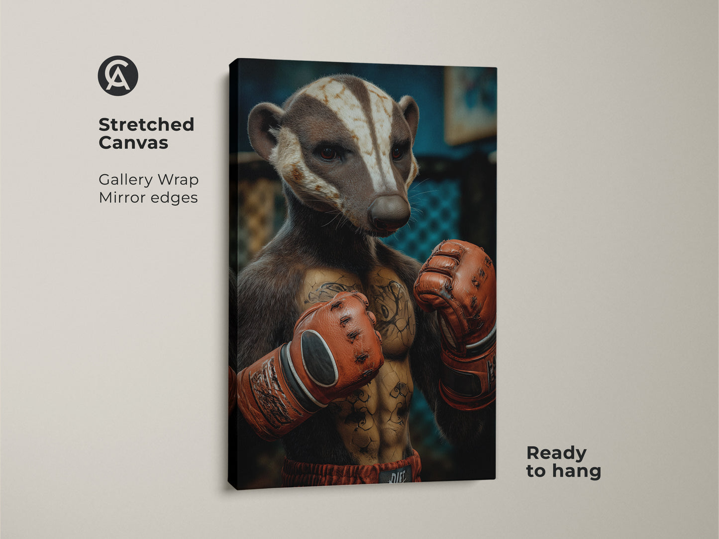 Close-up of the Badger Boxer art on stretched canvas. Gallery wrapped with mirrored edges this animal art is ready to hang. Eclectic home decor meets sports theme wall art in a unique office decor piece. Ideal gift for boxing fans seeking a tough animal wall art.