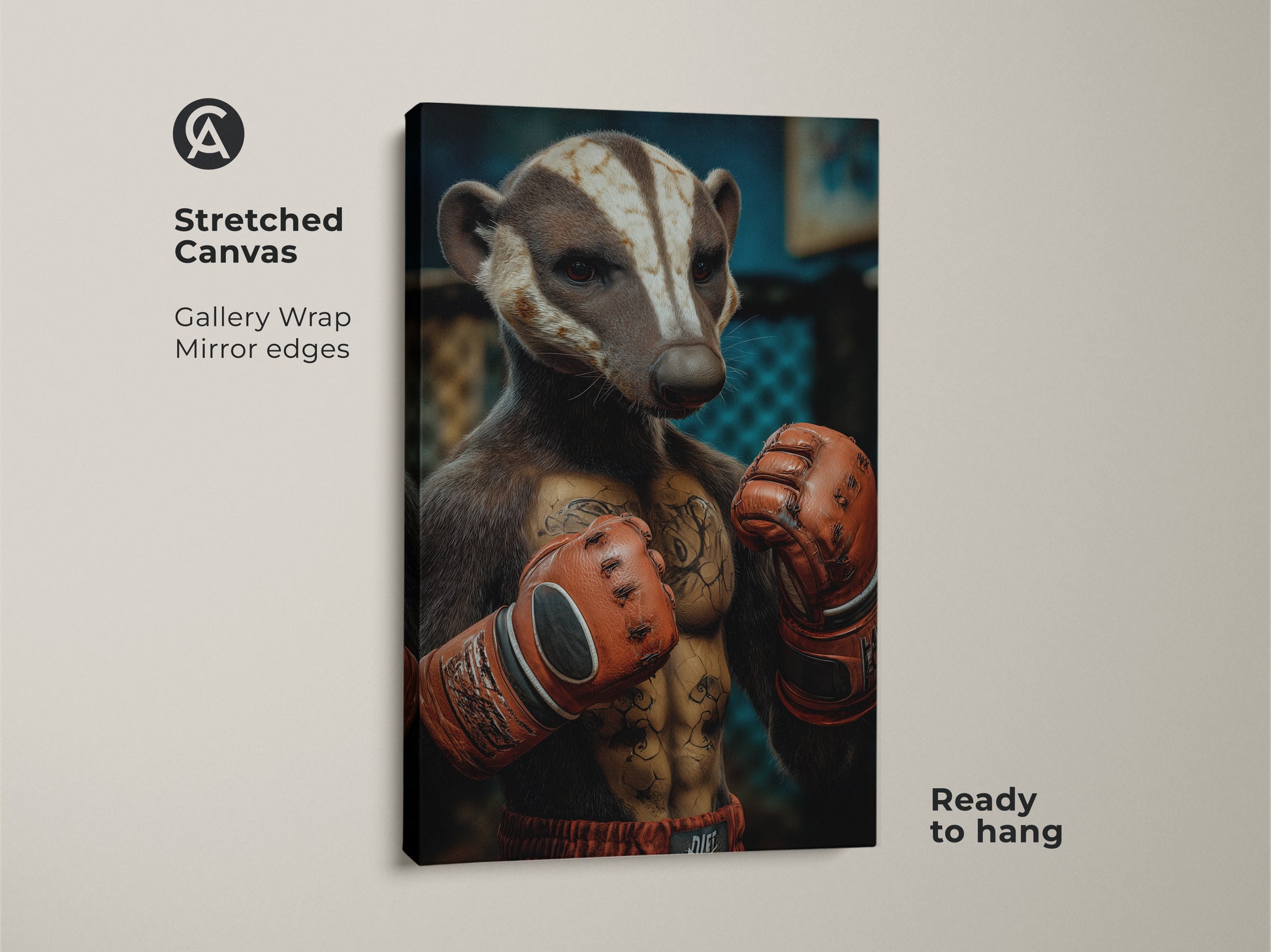 Close-up of the Badger Boxer art on stretched canvas. Gallery wrapped with mirrored edges this animal art is ready to hang. Eclectic home decor meets sports theme wall art in a unique office decor piece. Ideal gift for boxing fans seeking a tough animal wall art.