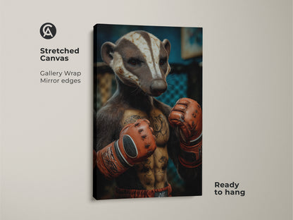 Close-up of the Badger Boxer art on stretched canvas. Gallery wrapped with mirrored edges this animal art is ready to hang. Eclectic home decor meets sports theme wall art in a unique office decor piece. Ideal gift for boxing fans seeking a tough animal wall art.