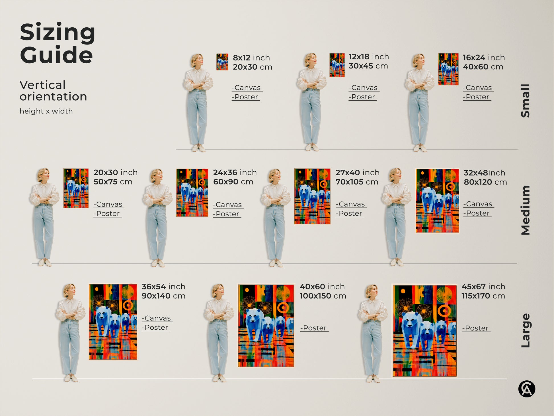 Sizing guide showcasing vertical orientation options with a geometric polar bear canvas. Visualize small medium and large sizes. See how the teal orange blue abstract wall art fits in different spaces. Perfect for planning your contemporary home decor choices.