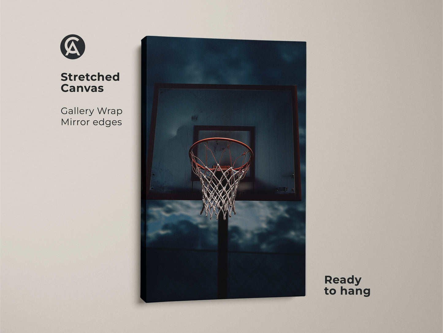 Stretched canvas gallery wrap featuring basketball hoop artwork. The mirror edges enhance the urban sports wall art print. Ideal for teen bedroom decor or an industrial style home. This basketball net canvas artwork is ready to hang.