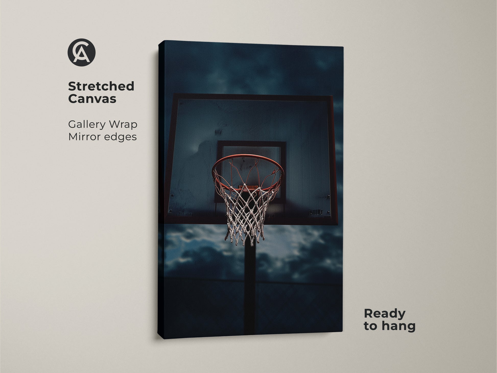 Stretched canvas gallery wrap featuring basketball hoop artwork. The mirror edges enhance the urban sports wall art print. Ideal for teen bedroom decor or an industrial style home. This basketball net canvas artwork is ready to hang.