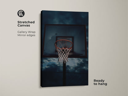 Stretched canvas gallery wrap featuring basketball hoop artwork. The mirror edges enhance the urban sports wall art print. Ideal for teen bedroom decor or an industrial style home. This basketball net canvas artwork is ready to hang.